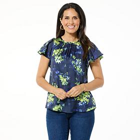 DG2 by Diane Gilman Printed Satin Flutter-Sleeve Blouse