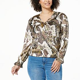DG2 by Diane Gilman Printed Satin Hi-Low Hem V-Neck Blouse