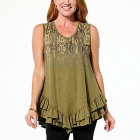 DG2 by Diane Gilman Slub Knit Placed Print Ruffled-Hem Tank