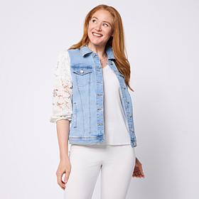 DG2 by Diane Gilman Stretch Lace Sleeve Denim Jacket