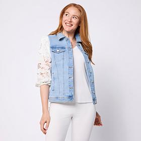 DG2 by Diane Gilman Stretch Lace Sleeve Denim Jacket