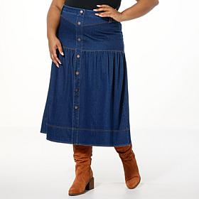 DG2 by Diane Gilman Super Stretch Knit Denim Front Yoke Gathered Skirt