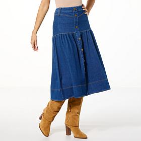 DG2 by Diane Gilman Super Stretch Knit Denim Front Yoke Gathered Skirt