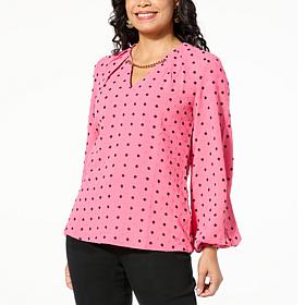 DG2 by Diane Gilman Swiss Dot Chain-Trimmed Neckline Blouse