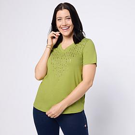DG2 by Diane Gilman V-Neck Rhinestone Embellished Short-Sleeve Tee