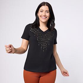 DG2 by Diane Gilman V-Neck Rhinestone Embellished Short-Sleeve Tee