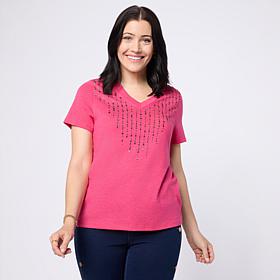 DG2 by Diane Gilman V-Neck Rhinestone Embellished Short-Sleeve Tee