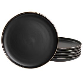 Elama Paul 6-Pc Stoneware Salad Plate Set in Matte Black with Gold Rim
