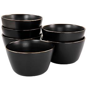 Elama Paul 6-Piece Stoneware Bowl Set in Matte Black with Gold Rim