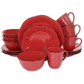 Elama Rustic Birch 16-Piece Stoneware Dinnerware Set in Red