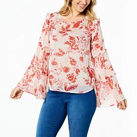 G by Giuliana Black Label Printed Chiffon Bell-Sleeve Top