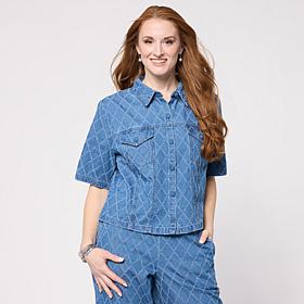 G by Giuliana Diamond-Quilted Textured Denim Jacket