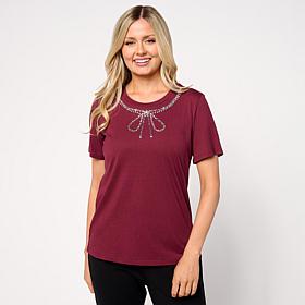 G by Giuliana Knit Top with Rhinstone Bow Neckline