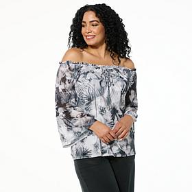 G by Giuliana Off-the-Shoulder Printed Aria Mesh Knit Blouse