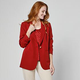 G by Giuliana Ruched-Sleeve Woven Girlfriend Blazer