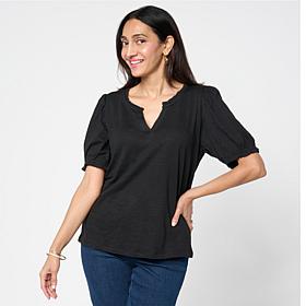 G by Giuliana Ruffle Neck Knit Top with Puff Sleeves