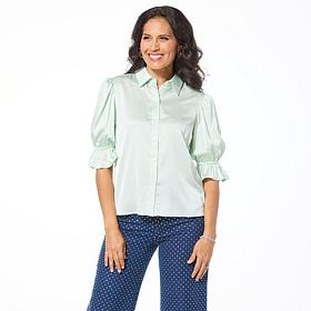 G by Giuliana Stretch Satin Flounce-Sleeve Button-Up Blouse