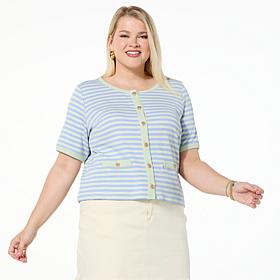 G by Giuliana Striped Ribbed Knit Short Sleeve Cardigan