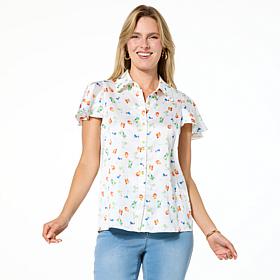 G by Giuliana Woven Flounce-Sleeve Novelty Button-Up Blouse