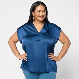 G by Giuliana Woven Front Knit Back V-Neck Top