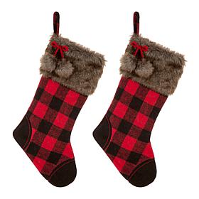 Glitzhome 2-pk 21" Black and Red Buffalo Plaid/Fur Stocking