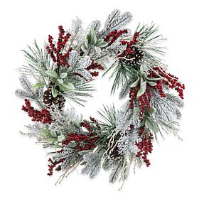 Glitzhome 24"D Flocked Pinecone & Berry Christmas Wreath