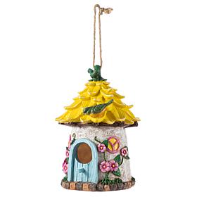 Glitzhome 9" Resin Birdhouse with Rope and Floral Design