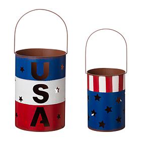 Glitzhome Metal Patriotic Americana Lantern Bucket - Set of 2