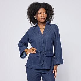 Grey by Jhoan Sebastian Grey Knit Denim 3/4 Sleeve Collared Shacket