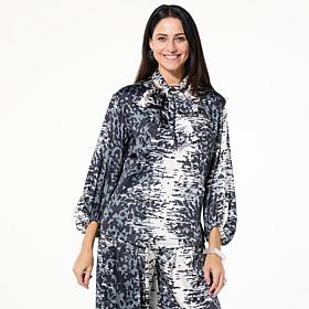 GREY by Jhoan Sebastian Grey Satin Knotted Detail Printed Top