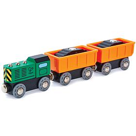 Hape Diesel Freight TrainGreen and Orange 3pc Wooden Locomotive Toy