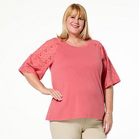 HUE Cotton Knit Eyelet Raglan Sleeve Tee