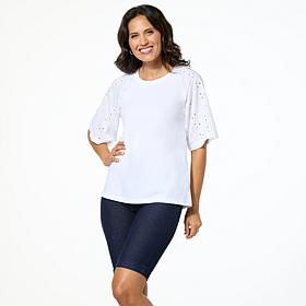 HUE Cotton Knit Eyelet Raglan Sleeve Tee