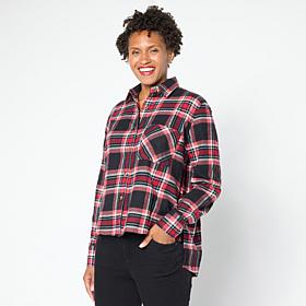 HUE Plaid Flannel Button-Down Hi-Low Hem Shirt