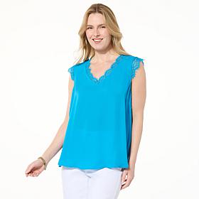 IMAN Global Chic Woven V-Neck Tank Top with Lace Trim
