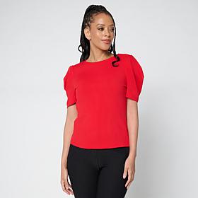 Jaclyn Smith Fine Ribbed Knit Pleated Puff-Sleeve Tee