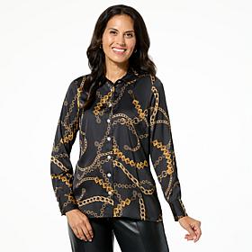 Jaclyn Smith Jeweled Button Front Satin Top