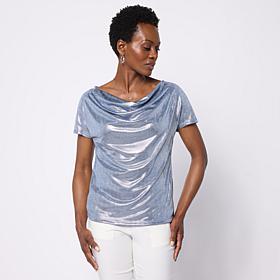 Jaclyn Smith Metallic Knit Cap Sleeve Cowl Neck Top