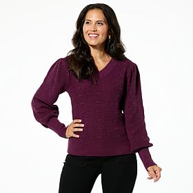 Jaclyn Smith Pointelle V-Neck Puff Sleeve Sweater