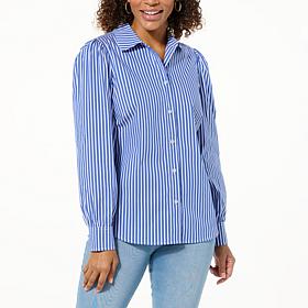 Jaclyn Smith Puff-Sleeve Button-Front Striped Shirt