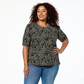 Jaclyn Smith Ruched Puff-Sleeve Cotton Slub Knit Tee