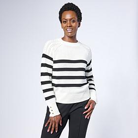 Jaclyn Smith Striped Raglan Cable Knit Crew Neck Sweater