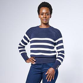 Jaclyn Smith Striped Raglan Cable Knit Crew Neck Sweater