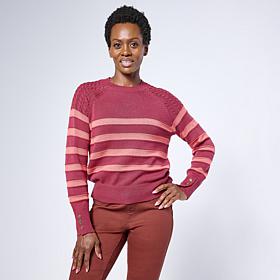 Jaclyn Smith Striped Raglan Cable Knit Crew Neck Sweater