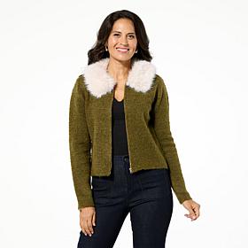 Jaclyn Smith Zipper-Front Sweater Jacket w/ Detachable Faux Fur Collar