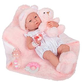 JC Toys La Newborn 15" Real Girl Baby Doll White Outfit & Teddy Bear