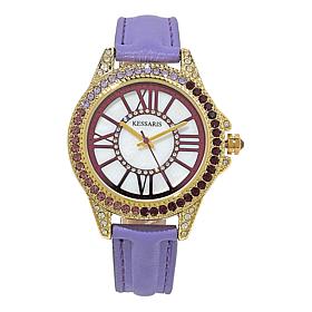 Kessaris Mother-of-Pearl Dial Ombre Stone Watch w/Faux Leather Strap