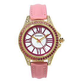 Kessaris Mother-of-Pearl Dial Ombre Stone Watch w/Faux Leather Strap