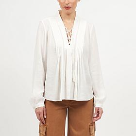 La Joie Micro Crepe Lace-Up Pleated Blouse