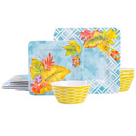 Laurie Gates Tropicalla 12-Piece Square Melamine Dinnerware Set